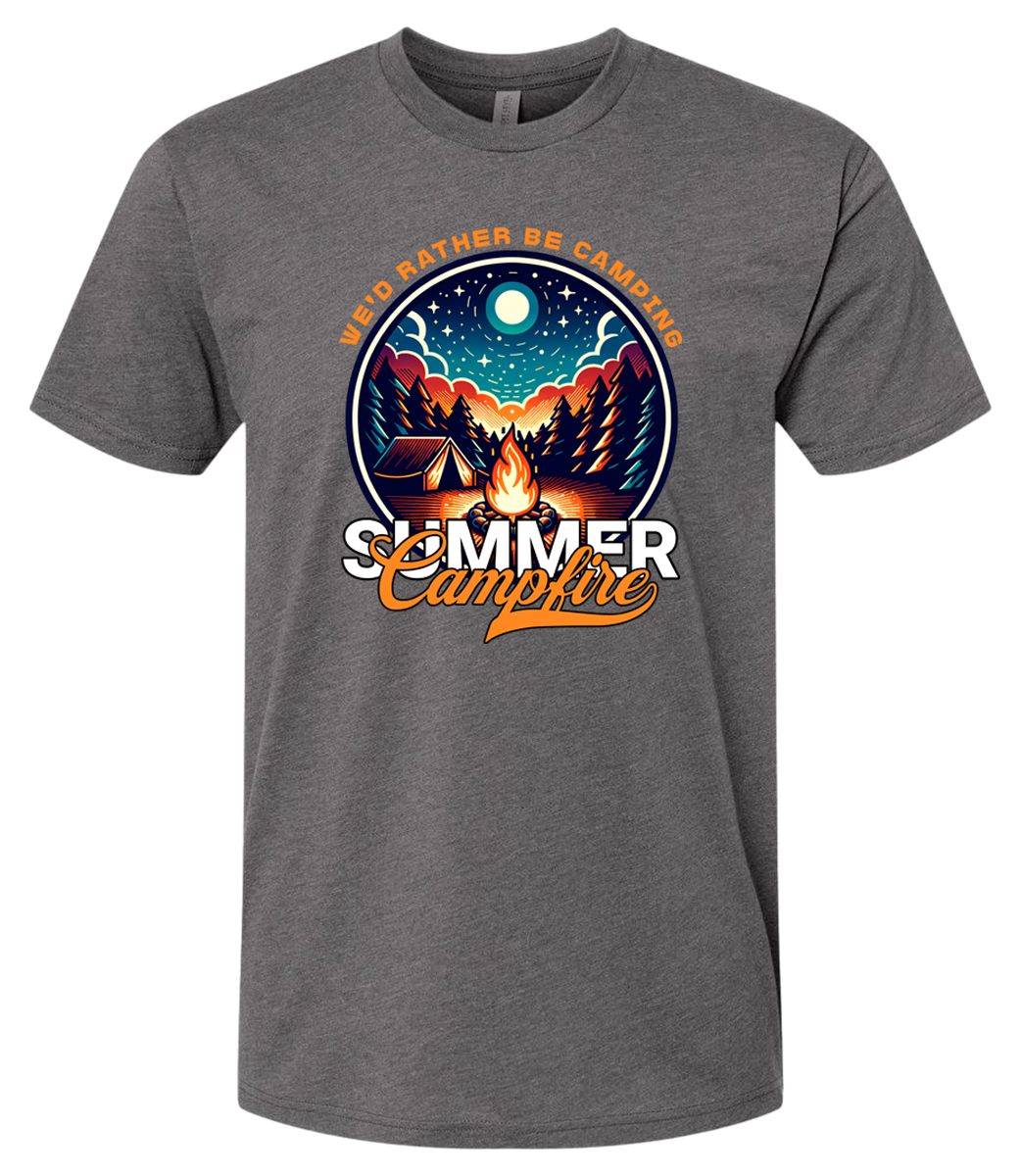 A heavy metal crewneck t-shirt with a graphic print of a campfire and text that reads 'Summer Campfire'.