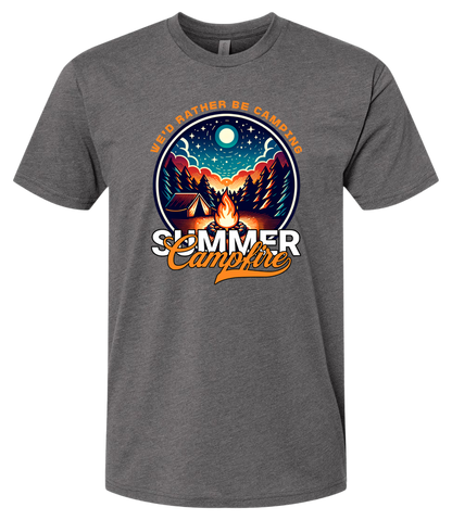 A heavy metal crewneck t-shirt with a graphic print of a campfire and text that reads 'Summer Campfire'.