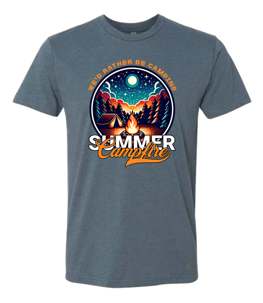 A campfire crewneck t-shirt with a graphic print of a campfire and text that reads 'Summer Campfire'.