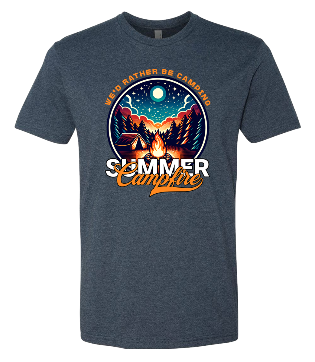 A midnight navy crewneck t-shirt with a graphic print of a campfire and text that reads 'Summer Campfire'.