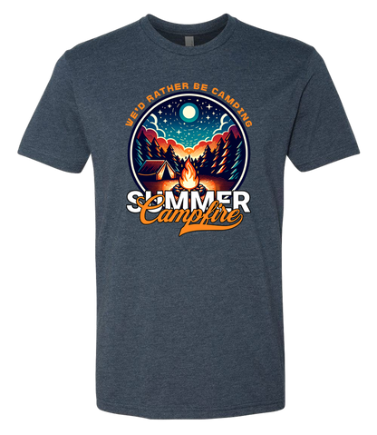 A midnight navy crewneck t-shirt with a graphic print of a campfire and text that reads 'Summer Campfire'.