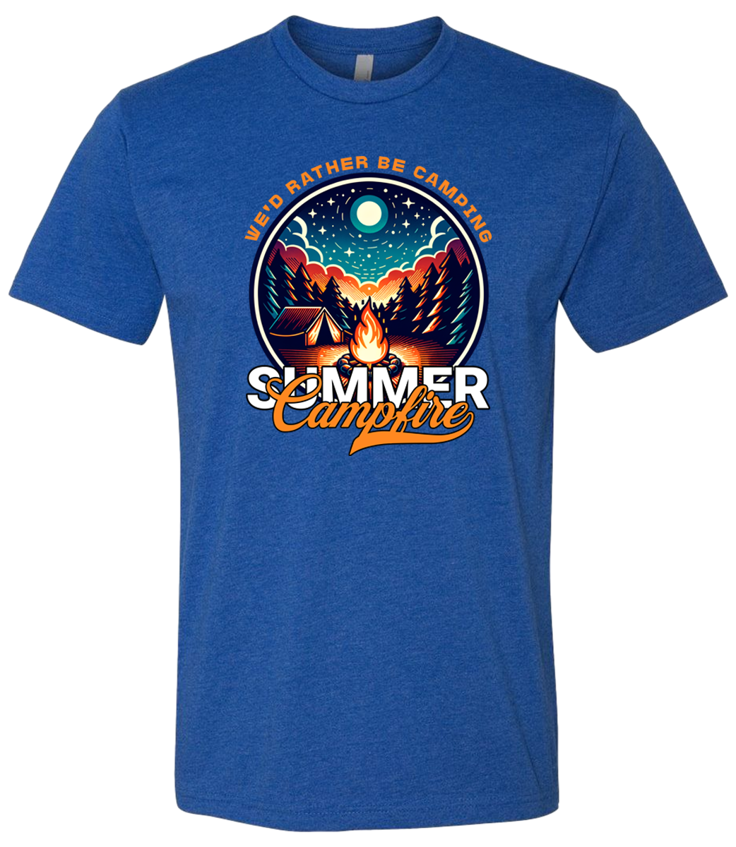 A royal crewneck t-shirt with a graphic print of a campfire and text that reads 'Summer Campfire'.