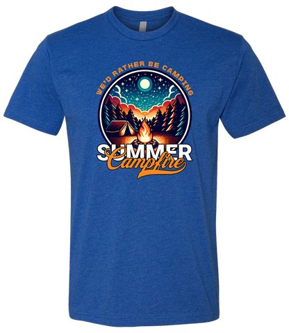 A royal crewneck t-shirt with a graphic print of a campfire and text that reads 'Summer Campfire'.