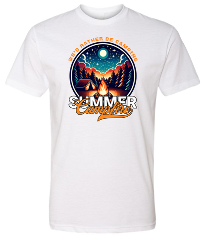 A white crewneck t-shirt with a graphic print of a campfire and text that reads 'Summer Campfire'.