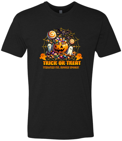 Black t-shirt with Halloween-themed design featuring a pumpkin, ghosts, and candy.