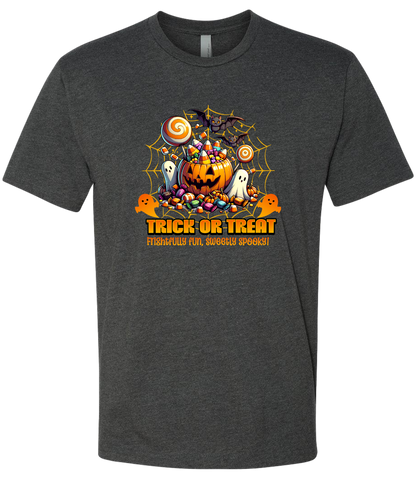 Dark gray t-shirt with Halloween-themed design featuring pumpkins, ghosts, and candy.
