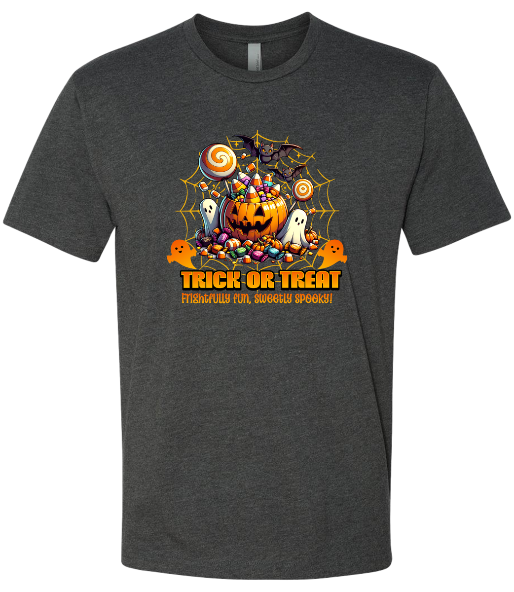 Dark gray t-shirt with Halloween-themed design featuring pumpkins, ghosts, and candy.
