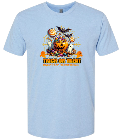 Light blue t-shirt with Halloween-themed design featuring pumpkins, ghosts, and candy on a white background.