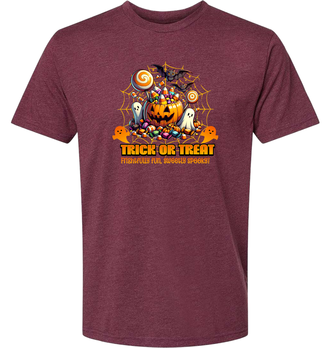 Maroon t-shirt with Halloween-themed design featuring pumpkins, ghosts, and candy on a white background.