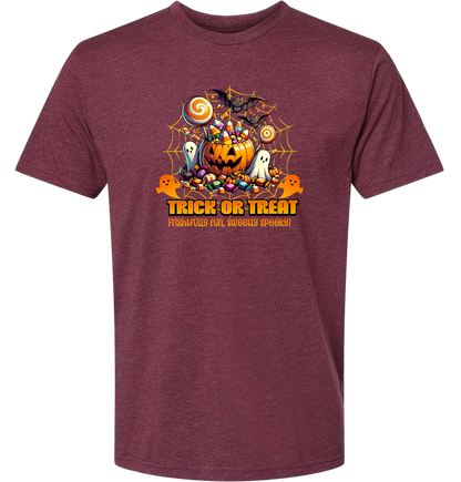 Maroon t-shirt with Halloween-themed design featuring pumpkins, ghosts, and candy on a white background.