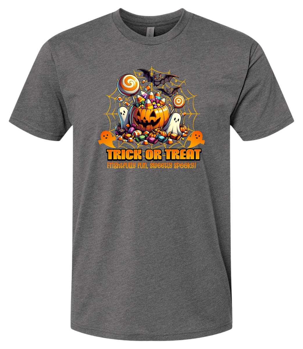 Gray t-shirt with Halloween-themed graphic and 'Trick or Treat' text on a white background