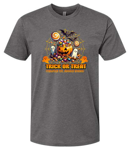 Gray t-shirt with Halloween-themed graphic and 'Trick or Treat' text on a white background