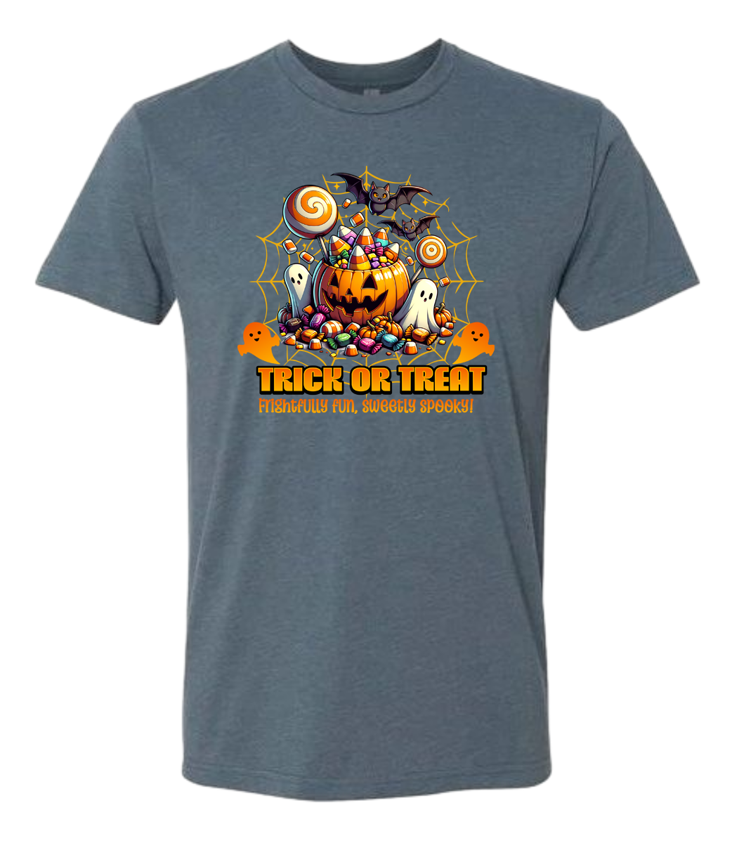 Blue t-shirt with Halloween-themed design featuring a pumpkin, candy, and text on a white background.