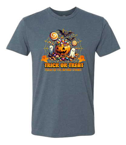 Blue t-shirt with Halloween-themed design featuring a pumpkin, candy, and text on a white background.