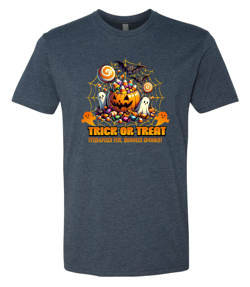 Blue t-shirt with Halloween-themed design featuring a pumpkin, candy, and text on a white background.
