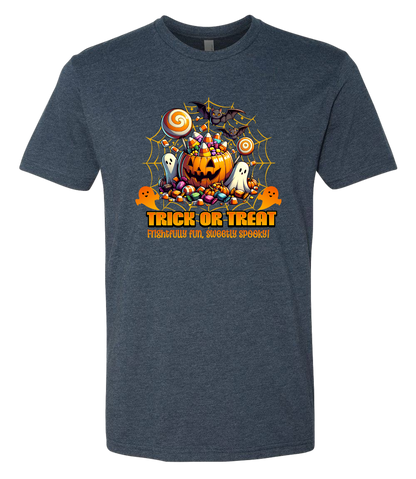 Blue t-shirt with Halloween-themed design featuring a pumpkin, candy, and text on a white background.