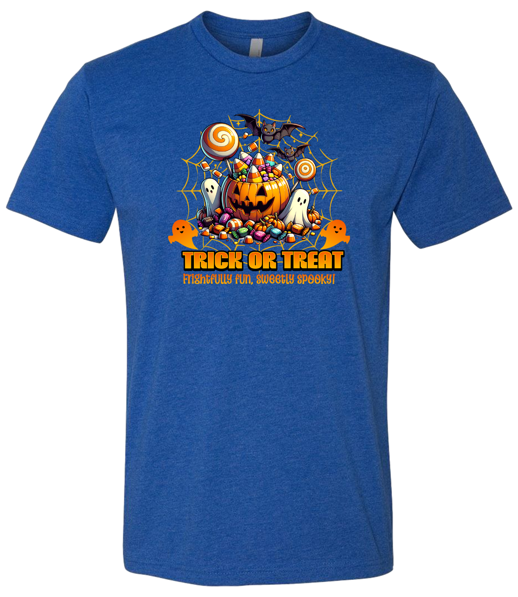 Blue t-shirt with Halloween-themed design featuring a pumpkin, candy, and text on a white background.