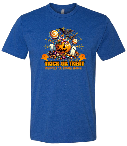Blue t-shirt with Halloween-themed design featuring a pumpkin, candy, and text on a white background.