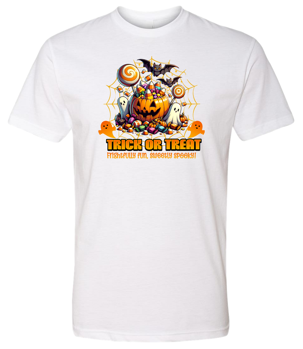 White t-shirt with Halloween-themed graphic and 'Trick or Treat' text on a white background