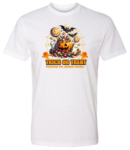 White t-shirt with Halloween-themed graphic and 'Trick or Treat' text on a white background