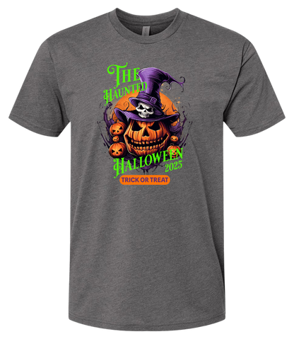 Gray t-shirt with Halloween-themed design featuring pumpkins and a witch hat on a white background.