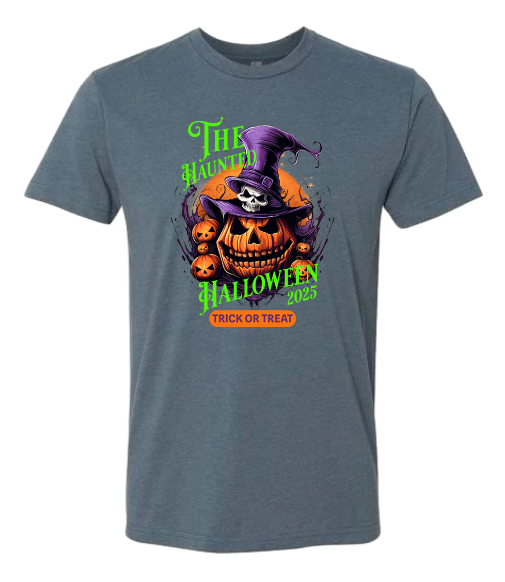 Gray t-shirt with Halloween-themed design featuring a pumpkin and text on a indigo background