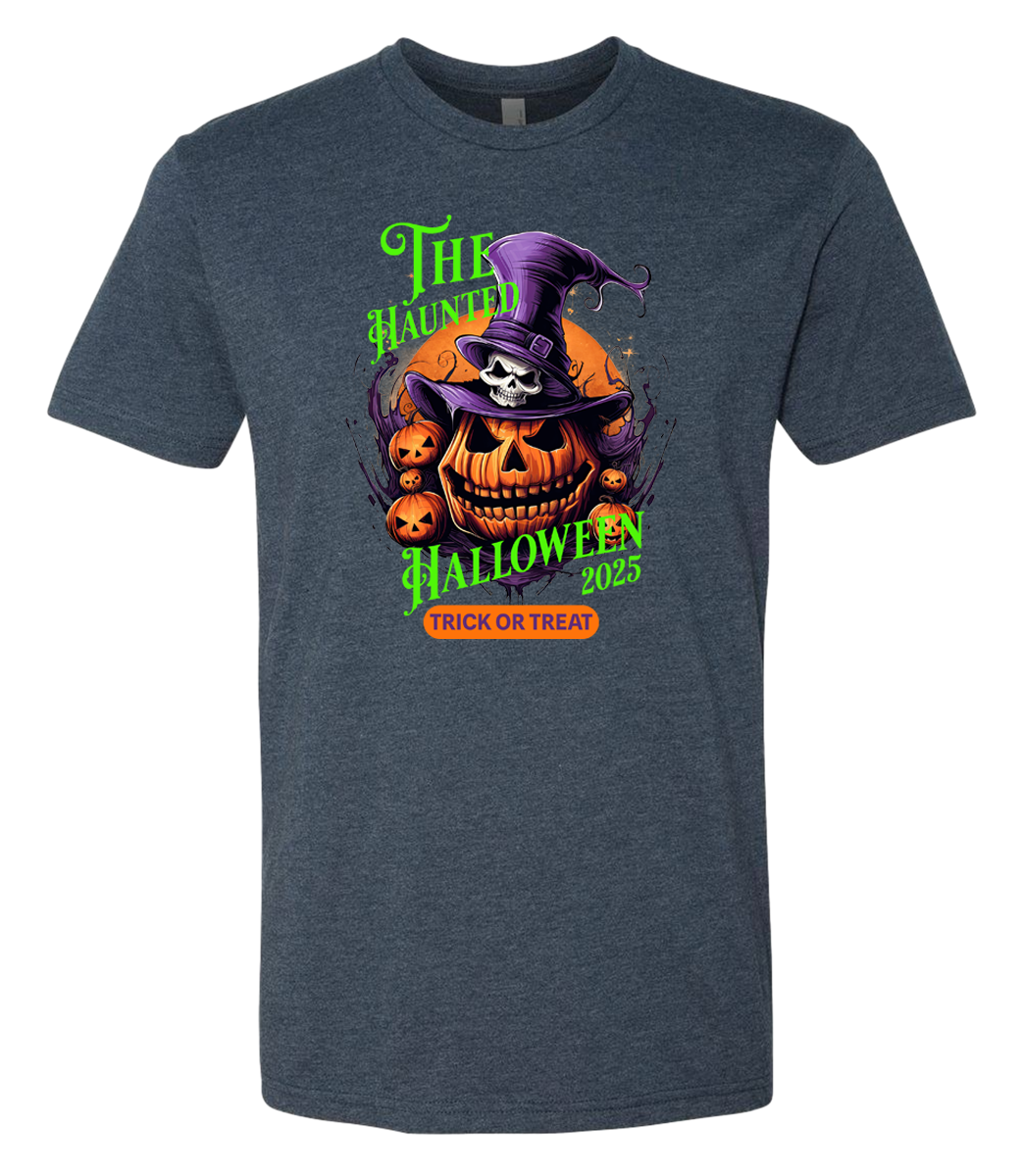 Halloween-themed t-shirt with pumpkin and witch hat design on a gray background