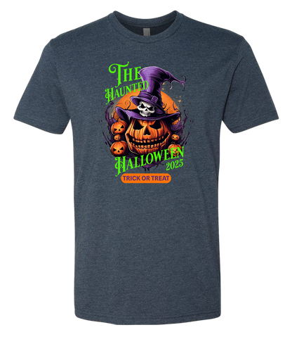 Halloween-themed t-shirt with pumpkin and witch hat design on a gray background