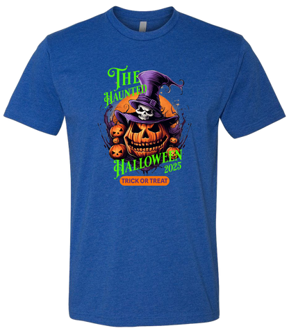 Blue t-shirt with Halloween-themed design featuring a pumpkin and witch hat on a white background.