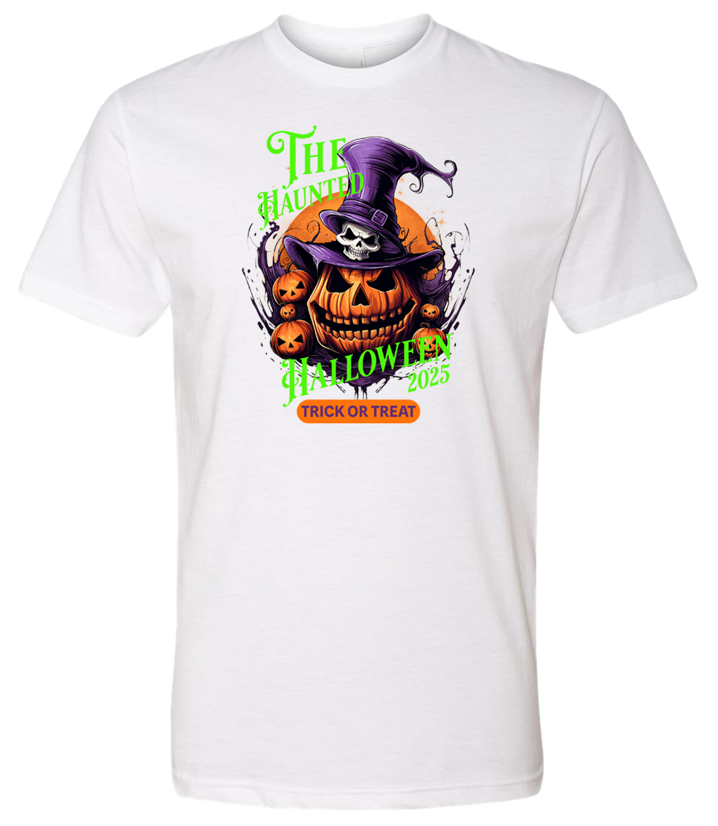 White t-shirt with Halloween-themed design featuring a skull, pumpkins, and text on a white background.