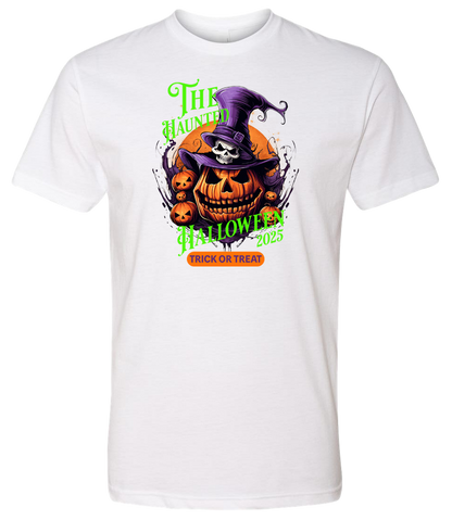 White t-shirt with Halloween-themed design featuring a skull, pumpkins, and text on a white background.