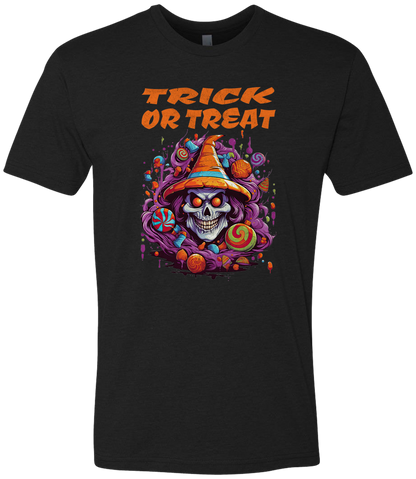Black t-shirt with a colorful Halloween design featuring a skull in a witch hat and the text 'Trick or Treat'.