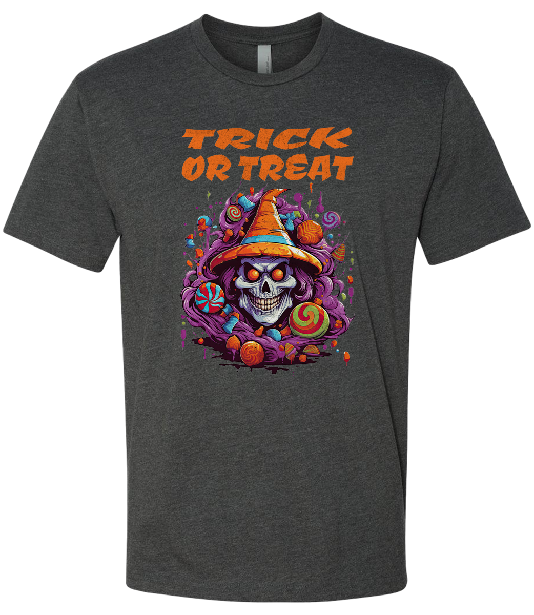 Dark gray t-shirt with a colorful skull design and 'Trick or Treat' text on a white background