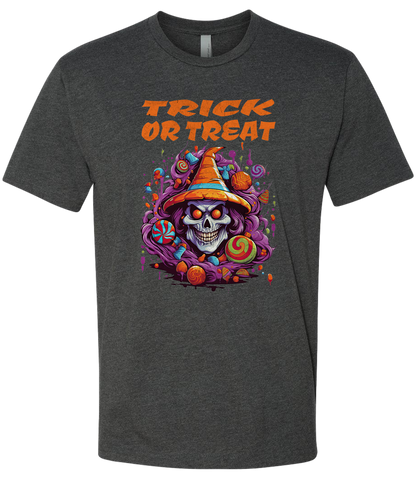 Dark gray t-shirt with a colorful skull design and 'Trick or Treat' text on a white background