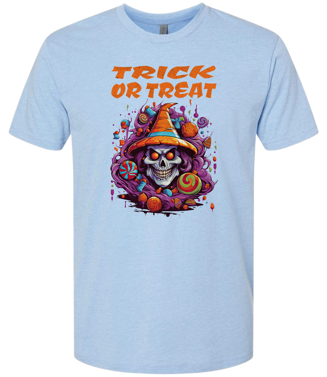 Light blue t-shirt with a Halloween-themed design featuring a skull in a witch hat and candy, with 'Trick or Treat' text.
