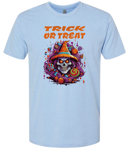 Light blue t-shirt with a Halloween-themed design featuring a skull in a witch hat and candy, with 'Trick or Treat' text.