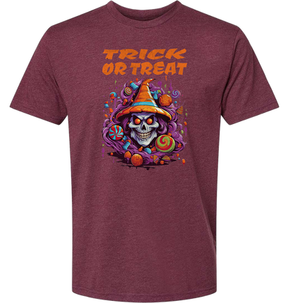 Maroon t-shirt with a Halloween-themed design featuring a skull in a witch hat and candy, with 'Trick or Treat' text.