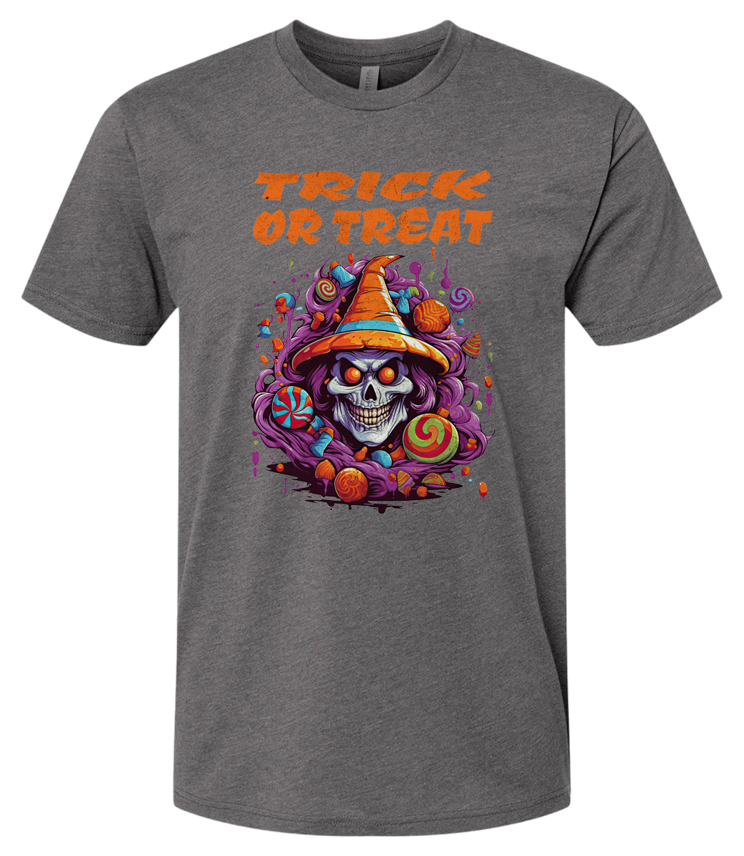 Gray t-shirt with 'Trick or Treat' design featuring a skull and candy on a white background