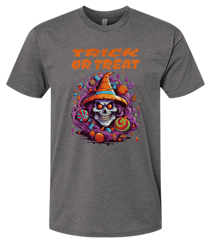 Gray t-shirt with 'Trick or Treat' design featuring a skull and candy on a white background