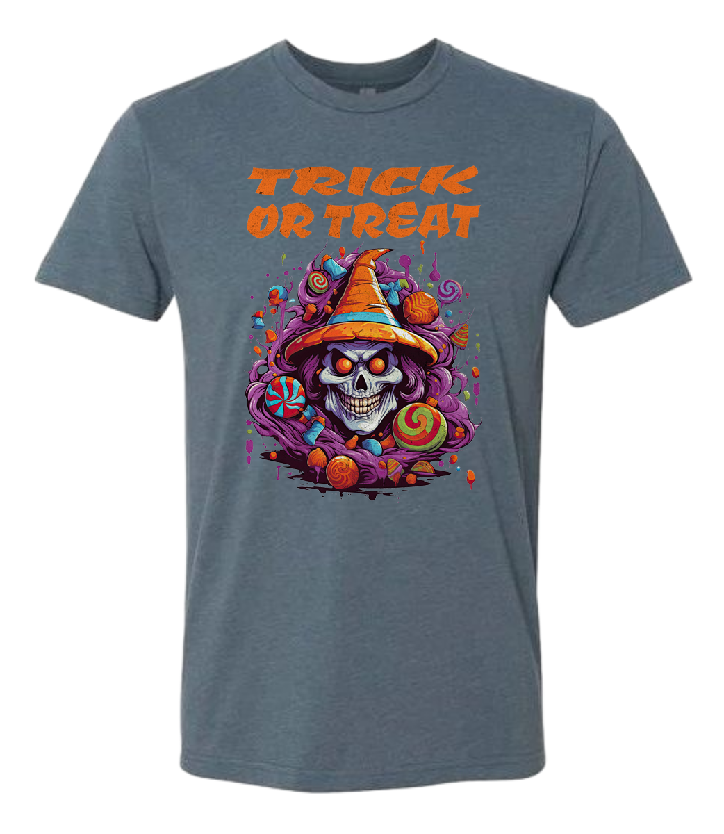 Gray t-shirt with 'Trick or Treat' design featuring a skull and candy on a white background