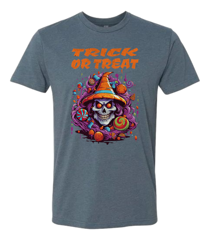 Gray t-shirt with 'Trick or Treat' design featuring a skull and candy on a white background