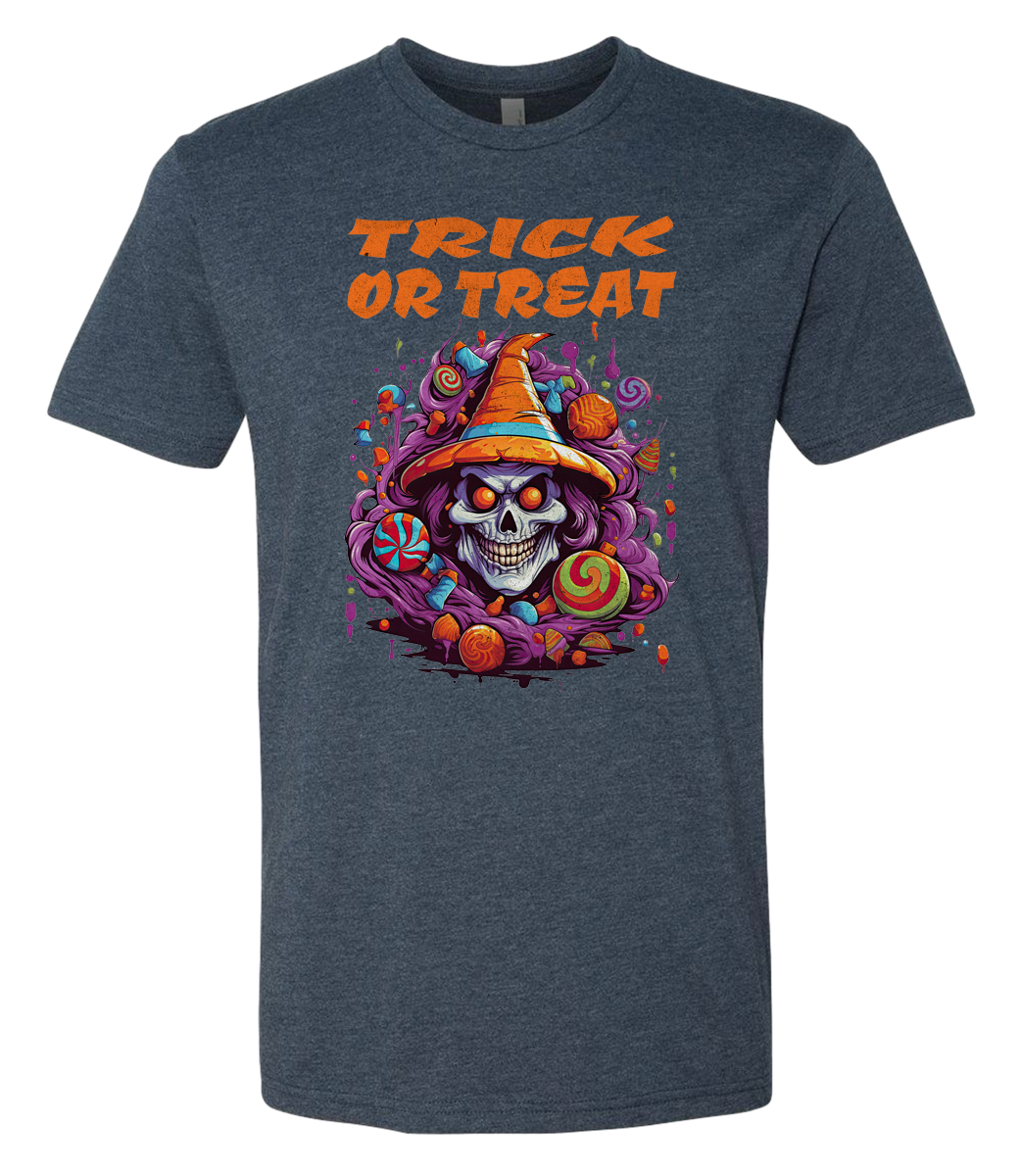 Blue t-shirt with a Halloween-themed design featuring a skull, candy, and 'Trick or Treat' text on a white background.