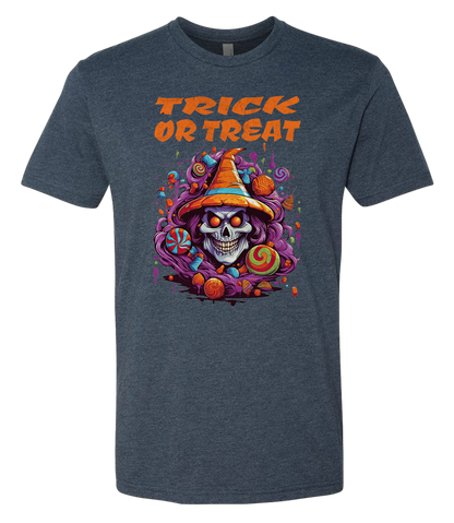 Blue t-shirt with a Halloween-themed design featuring a skull, candy, and 'Trick or Treat' text on a white background.