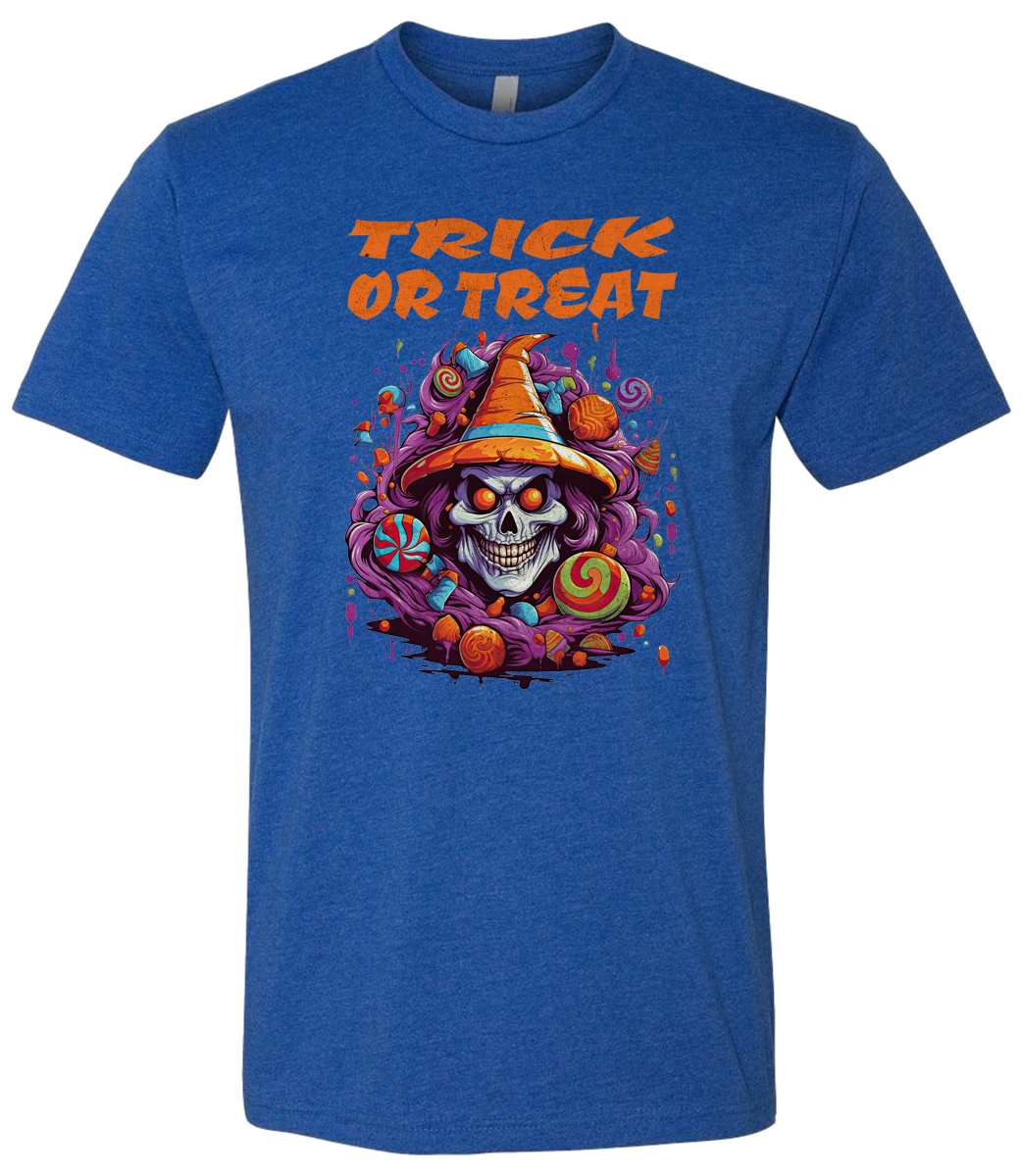 Blue t-shirt with a Halloween-themed design featuring a skull, witch hat, and candy on a white background.