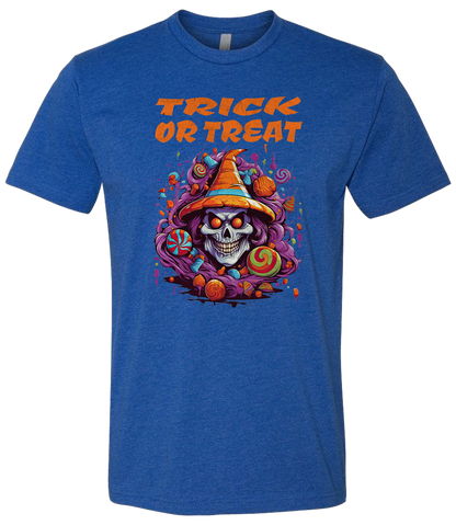 Blue t-shirt with a Halloween-themed design featuring a skull, witch hat, and candy on a white background.