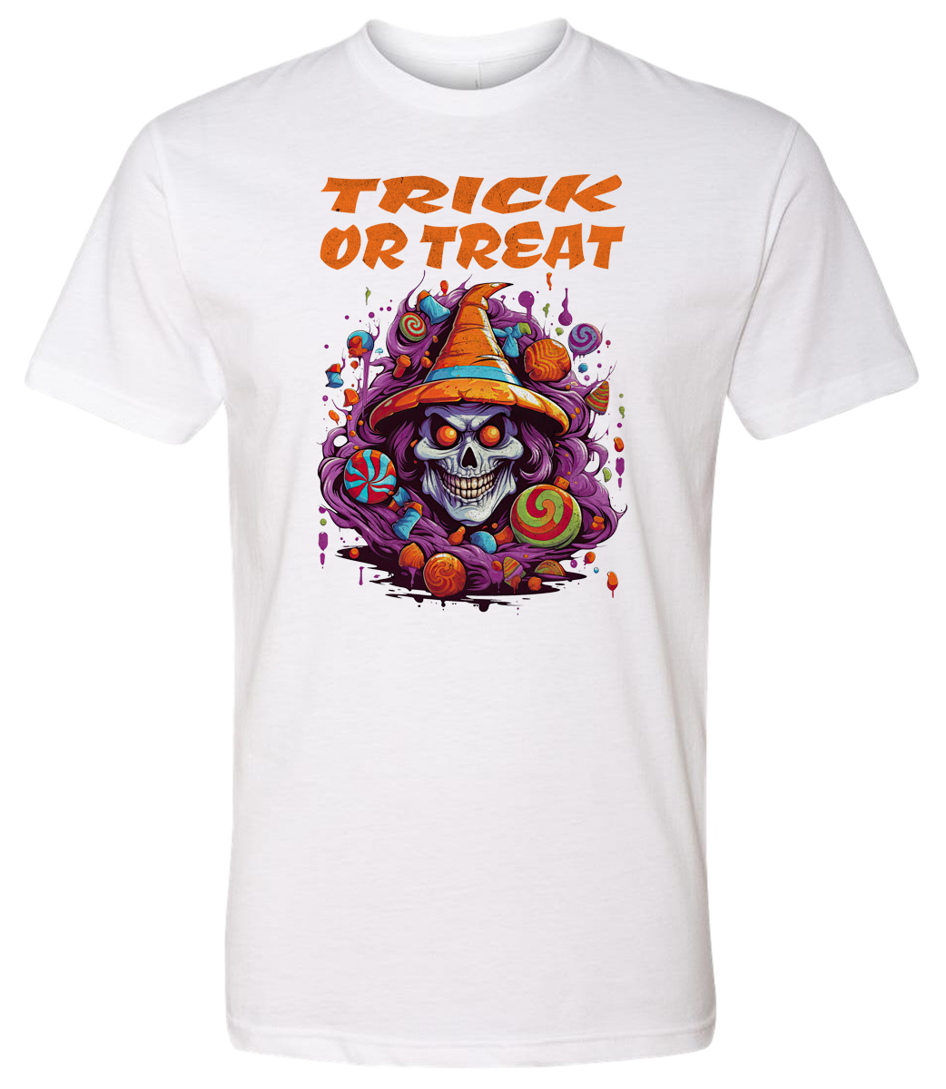 White t-shirt with a colorful Halloween design featuring a skull in a witch hat and the text 'Trick or Treat'.