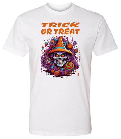 White t-shirt with a colorful Halloween design featuring a skull in a witch hat and the text 'Trick or Treat'.